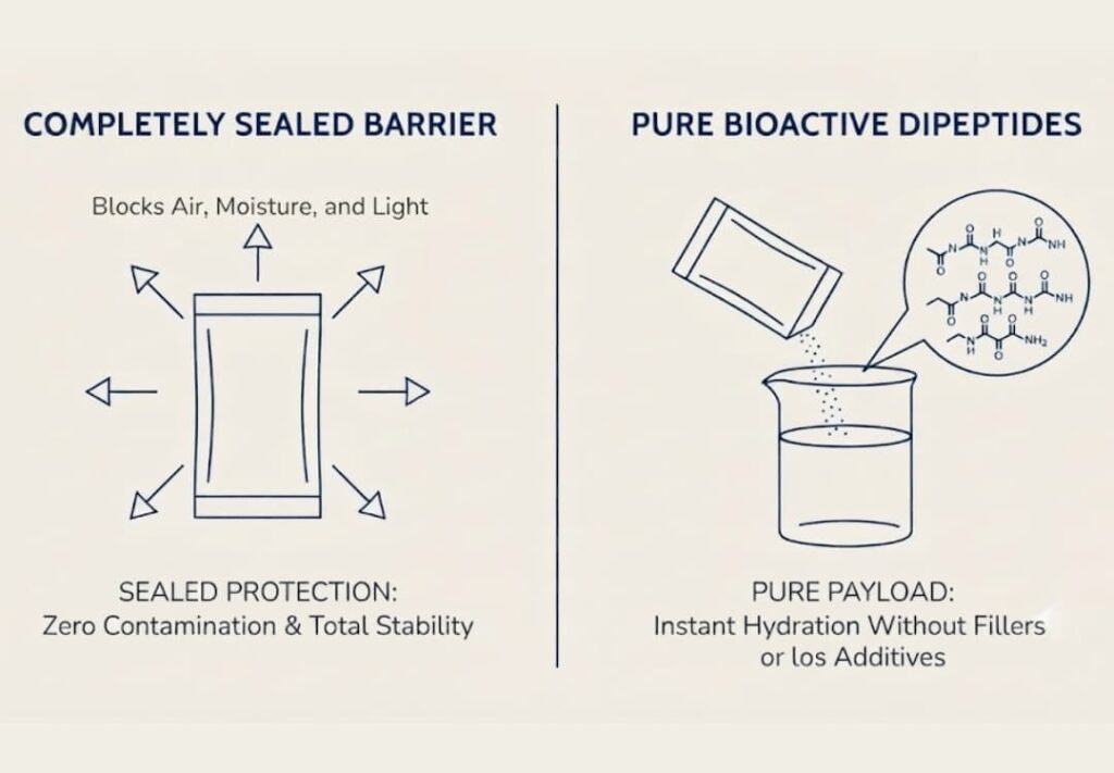 **Alt Text:** `Infographic showing sealed powder sachet protection against air, moisture, and light alongside bioactive dipeptides and tripeptides delivering instant hydration without fillers or additives.`