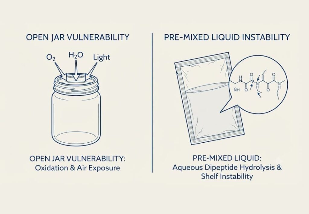 Infographic comparing collagen powder vs liquid showing open jar vulnerability to oxidation and cross-contamination alongside pre-mixed liquid sachet peptide hydrolysis.
