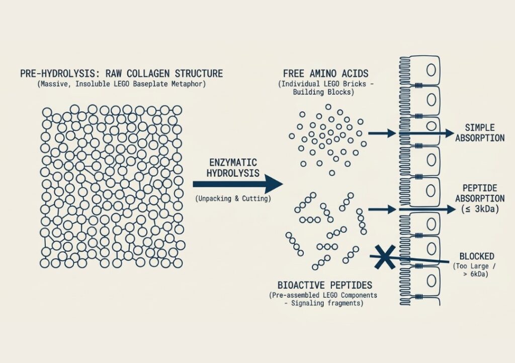 Enzymatic hydrolysis breaks down native collagen to bioactive peptides that are directly transported into the blood