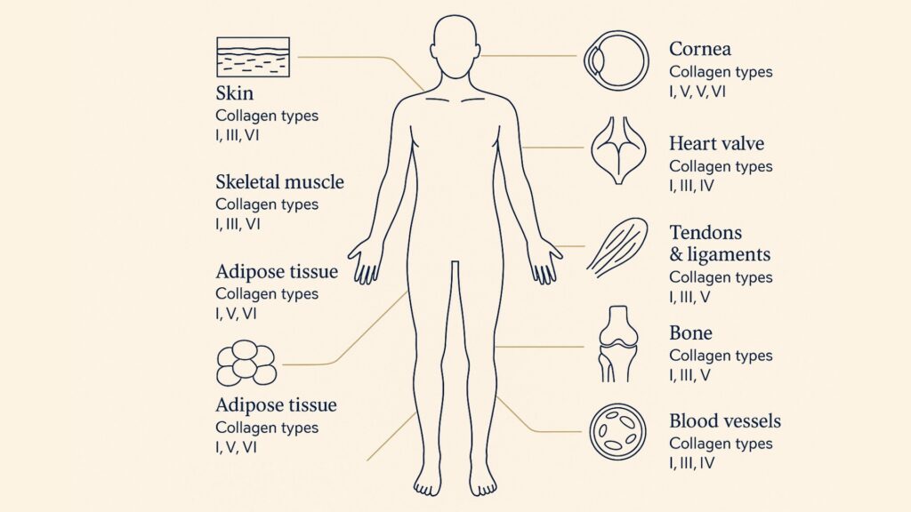 Illustration of types of collagen in teh body and wher ethey can be found