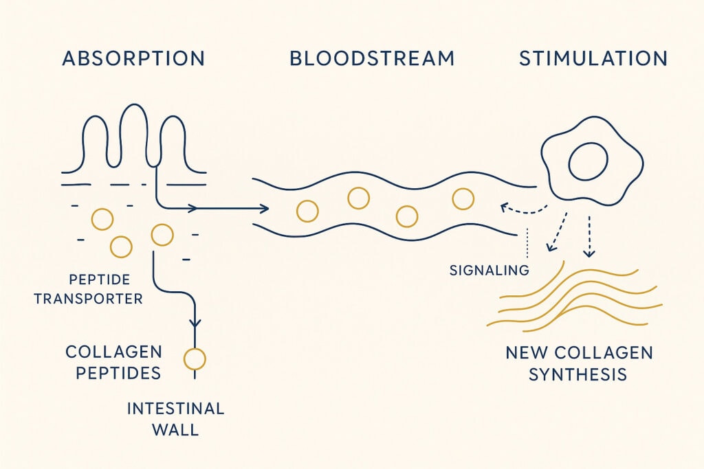 Diagram showing how absorbed hydrolysed bovine collagen peptides can signal skin fibroblasts to increase collagen and elastin production.