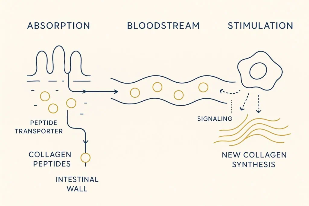 Diagram showing how absorbed hydrolysed bovine collagen peptides can signal skin fibroblasts to increase collagen and elastin production.