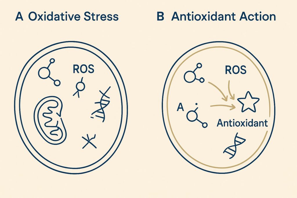 Diagram illustrating Antioxidant impact in teh cell vs stressed  cells
