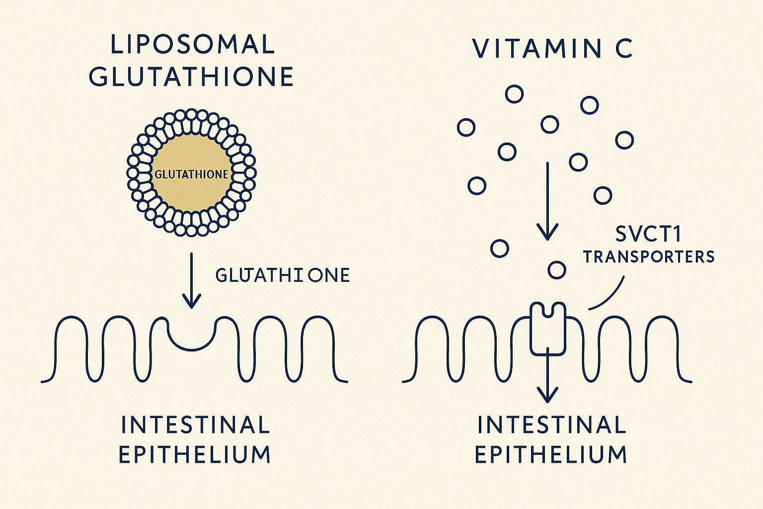Comparison diagram showing liposomal glutathione delivery versus vitamin C uptake through SVCT1 transporters in the intestinal epithelium.