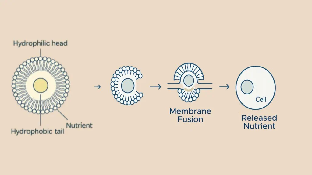 Diagram showing a liposome with hydrophilic head and hydrophobic tail fusing with a cell membrane to release its contents.
