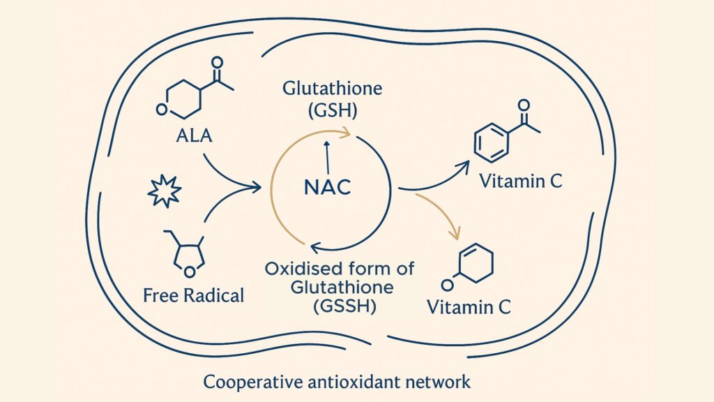 Diagram showing antioxidant synergies Vitamin C ,ALA and Glutathione