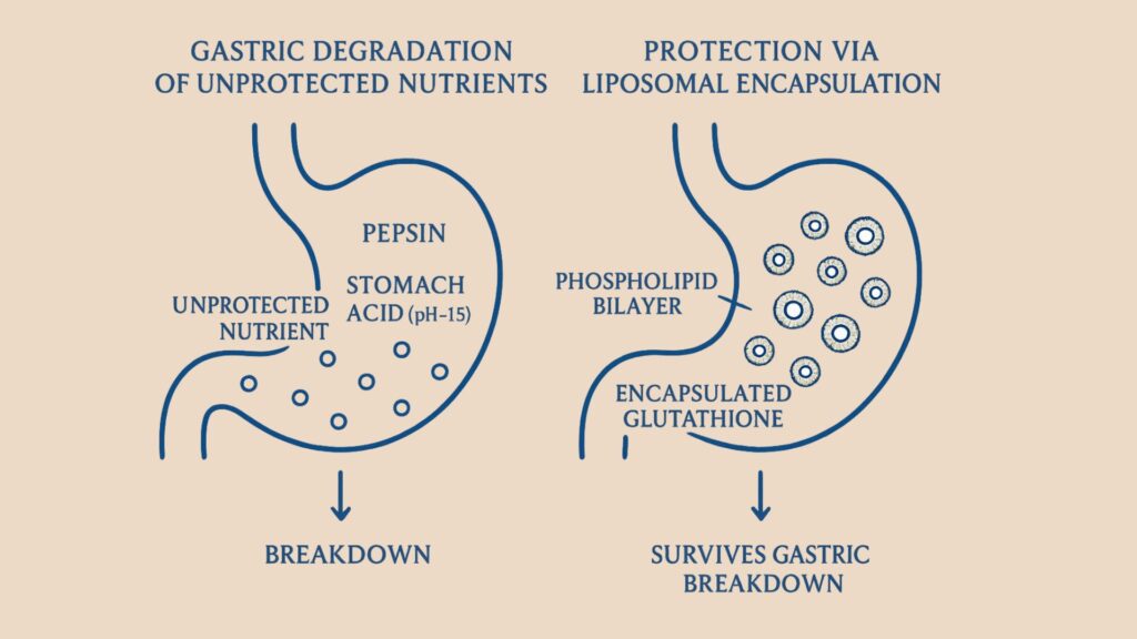 Comparison diagram showing unprotected nutrients breaking down in stomach acid versus liposomal encapsulation protecting nutrients from degradation.