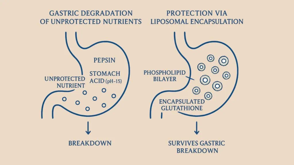 Comparison diagram showing unprotected nutrients breaking down in stomach acid versus liposomal encapsulation protecting nutrients from degradation.