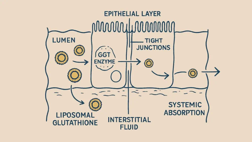 Illustration of liposomal particles moving through the intestinal lumen, crossing epithelial cells, and entering systemic circulation.