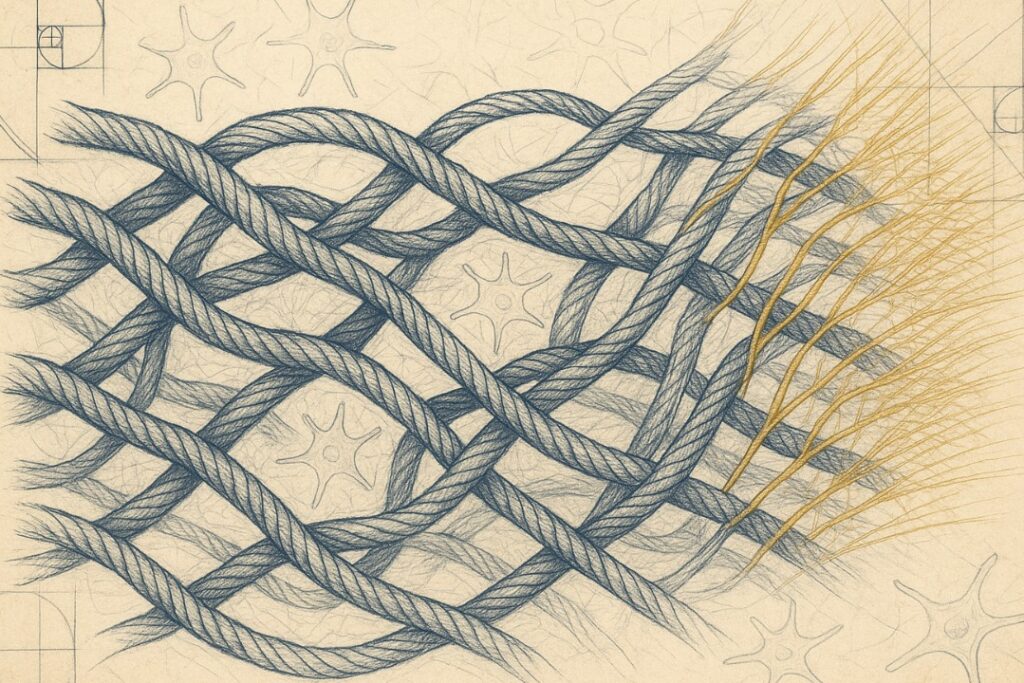 Da vinci style illustration of collagen fibrils and fibroblast