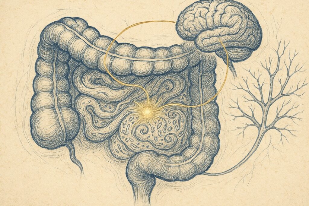 Da Vinci style illustration of teh gut brain axis