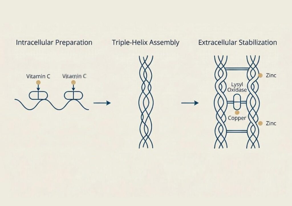 Diagram showing intracellular collagen formation, triple helix assembly, and extracellular stabilisation involving vitamin C, zinc, and copper.