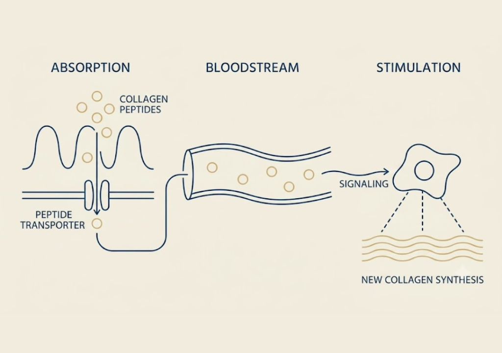 Diagram illustrating collagen peptides absorption and interaction with Fibroblasts